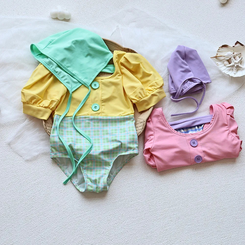 Girls Puff Sleeve 2 Pcs Swimsuit