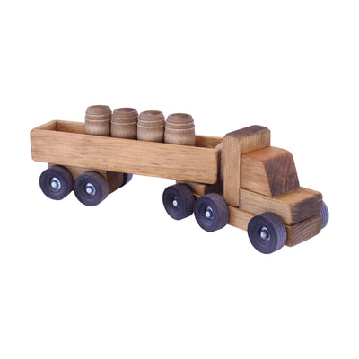 AmishToyBox.com Wooden Barrel Truck Toy With Removable Wood Barrels, Child-Safe Harvest Stain Finish