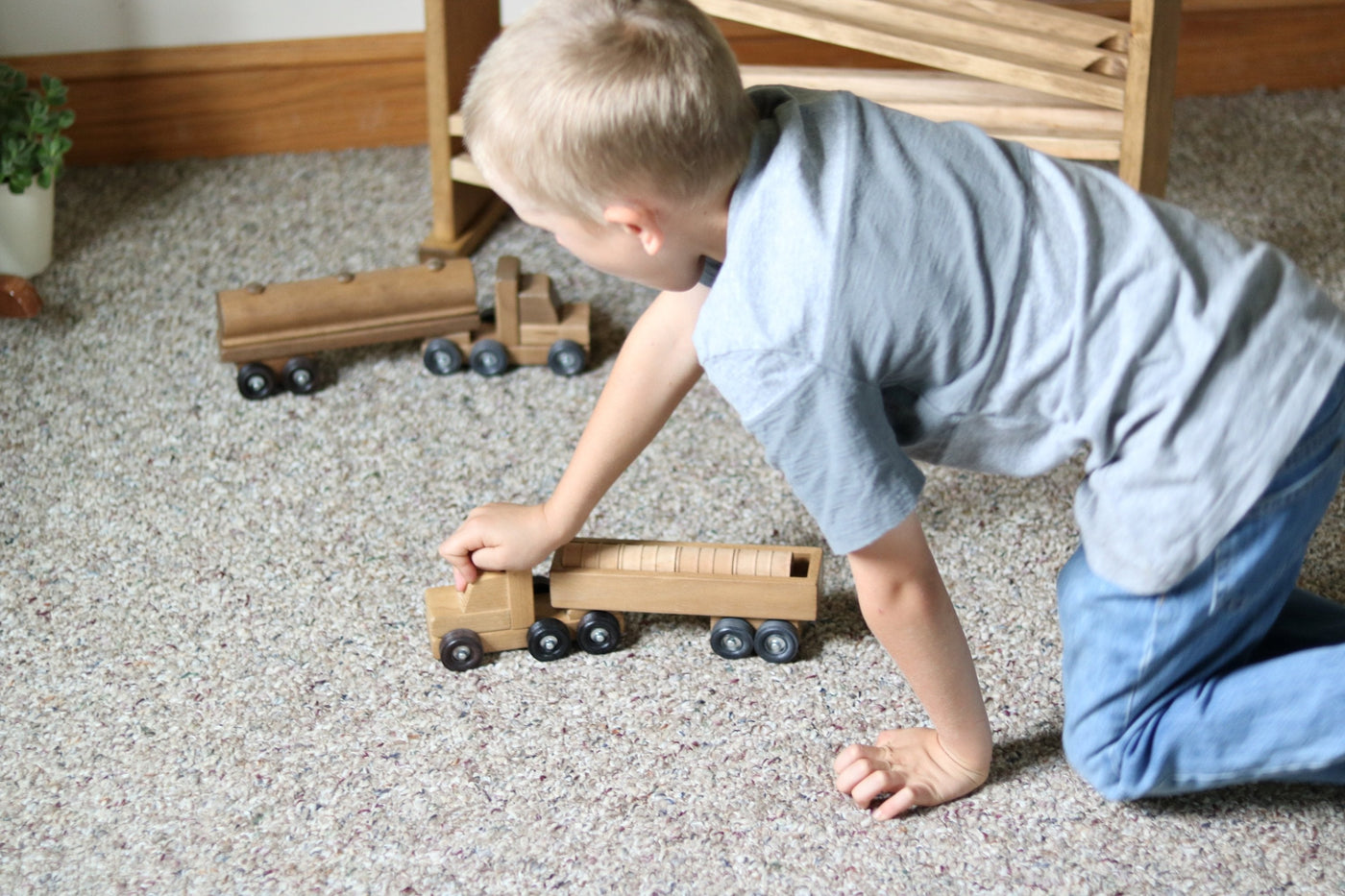AmishToyBox.com Wooden Barrel Truck Toy With Removable Wood Barrels, Child-Safe Harvest Stain Finish