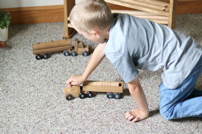 AmishToyBox.com Wooden Barrel Truck Toy With Removable Wood Barrels, Child-Safe Harvest Stain Finish