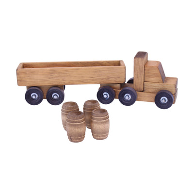 AmishToyBox.com Wooden Barrel Truck Toy With Removable Wood Barrels, Child-Safe Harvest Stain Finish