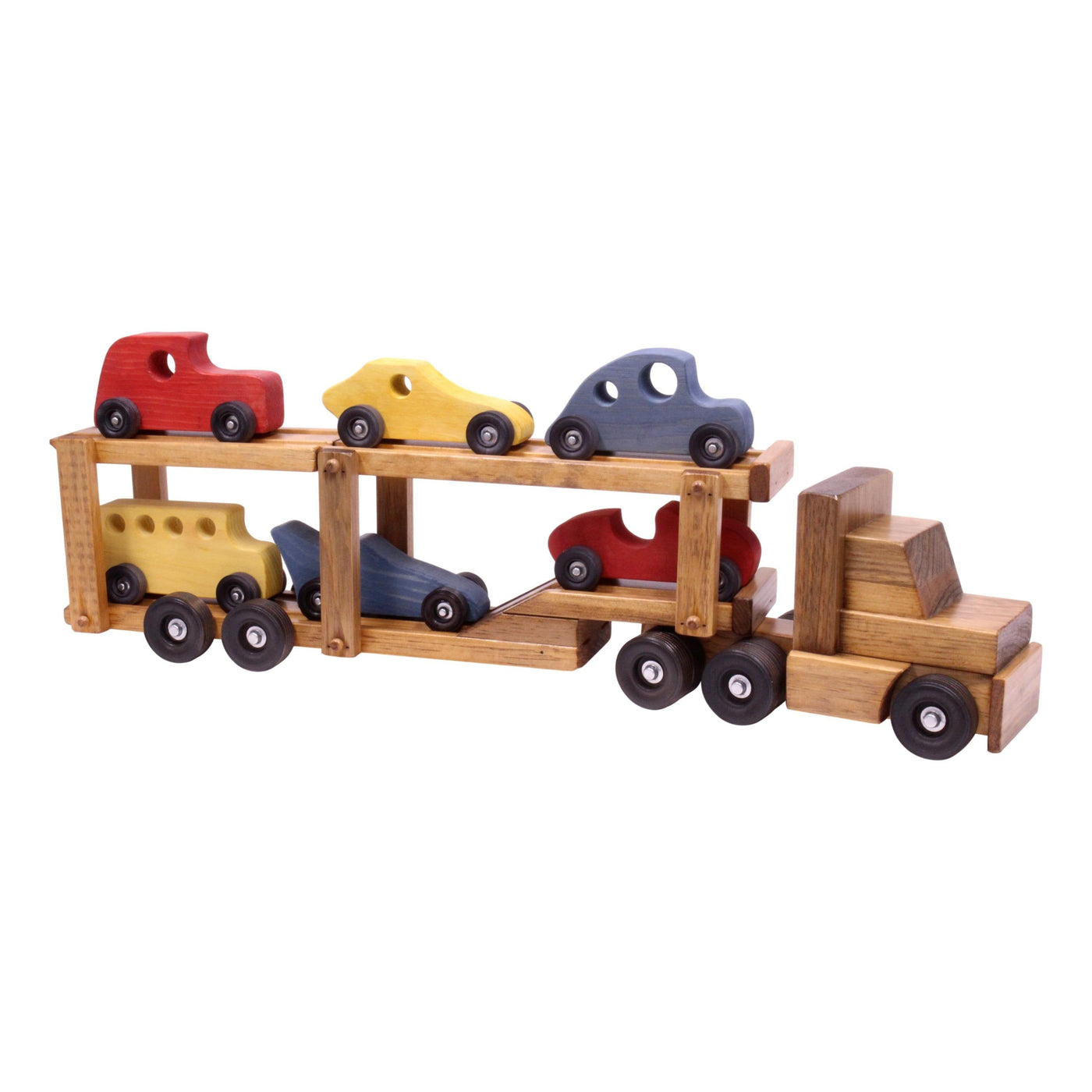 AmishToyBox.com Wooden Car-Carrier Semi Truck and Trailer Toy Set with 6 Cars